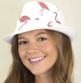 Flamingo Imprint Fedora Hat: White